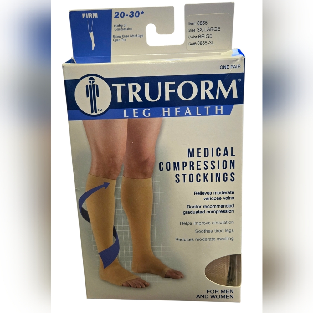 Truform 20-30 Below Knee Compression Stockings Open Toe Beige Sz 3XL 0865-3L NEW